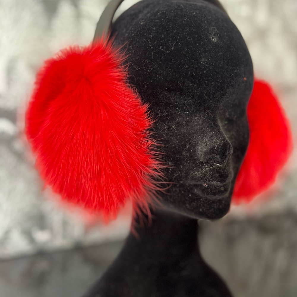 💝 REAL FOX FUR Red ❤️ Earmuffs with Dark Brown Leather Headband